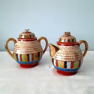 Rare- Made in Occupied Japan, 1000 Faces Design, Lidded Sugar & Creamer Bowl Set